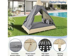 Hemel Tuinbed 2 Tot 4 Plaatsen - Beige Rotan En Grijs Deurgordijn - Inclusief Kussens - Voor Buiten-Vente-unique Best