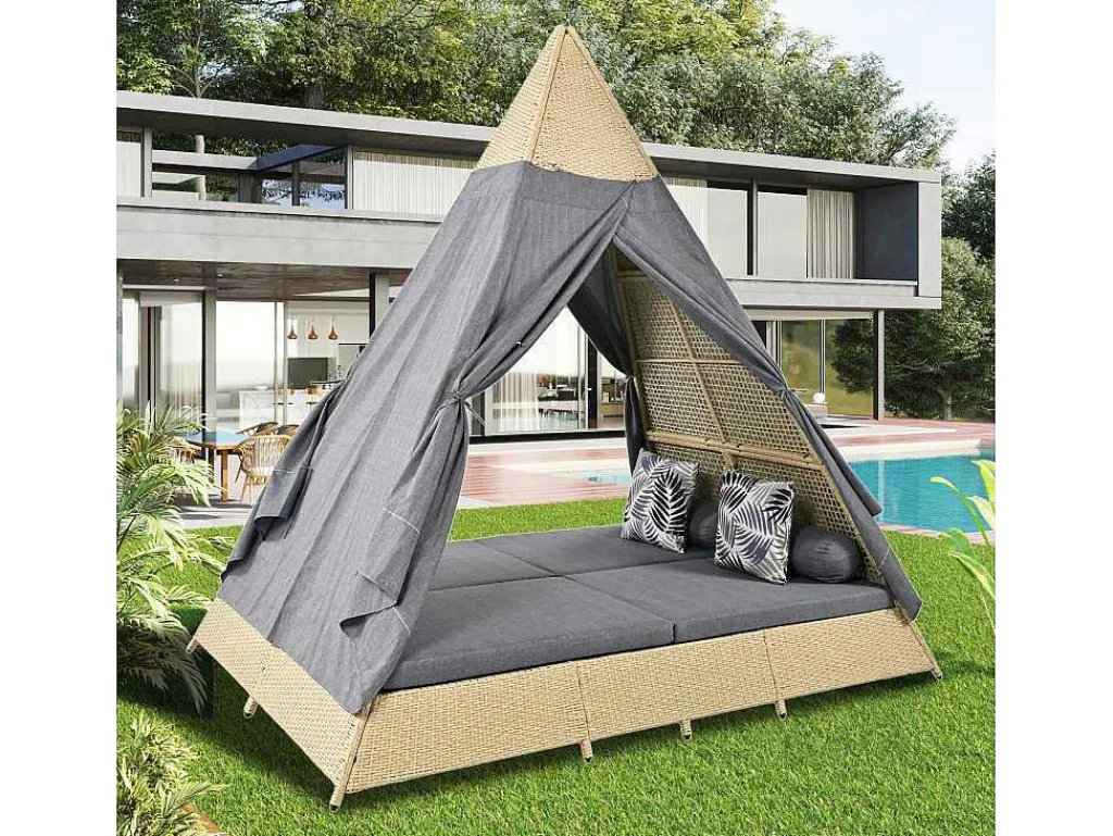 Hemel Tuinbed 2 Tot 4 Plaatsen - Beige Rotan En Grijs Deurgordijn - Inclusief Kussens - Voor Buiten-Vente-unique Best