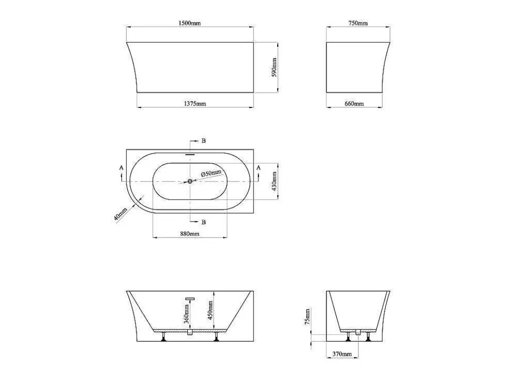 Hoekbad - 201 L - 150 X 75 X 59 Cm - Wit - Acryl - Hoek Rechts - Ponticola-Shower & Design