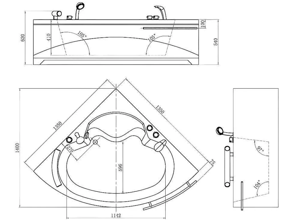 Hoekbad Met Kraan Navona - 263 L - 135 X 135 X H54 Cm-Shower & Design Hot