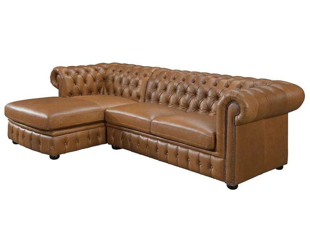 Hoekbank Chesterfield Brenton 100% Buffelleer - Hoek Links - Vintage Caramel-LINEA SOFA Best