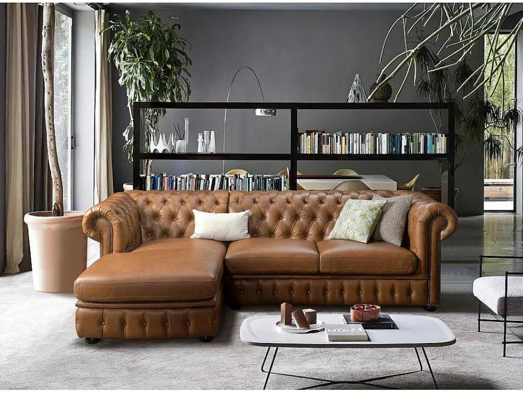 Hoekbank Chesterfield Brenton 100% Buffelleer - Hoek Links - Vintage Caramel-LINEA SOFA Best