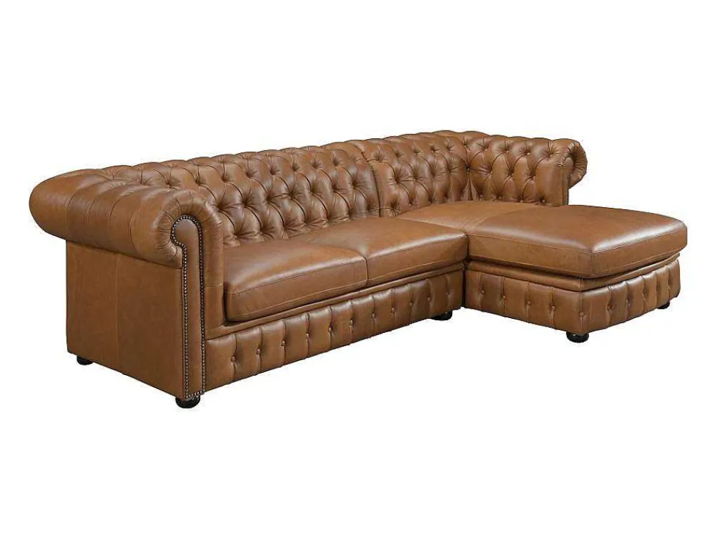 Hoekbank Chesterfield Brenton 100% Buffelleer - Hoek Rechts - Vintage Caramel-LINEA SOFA New