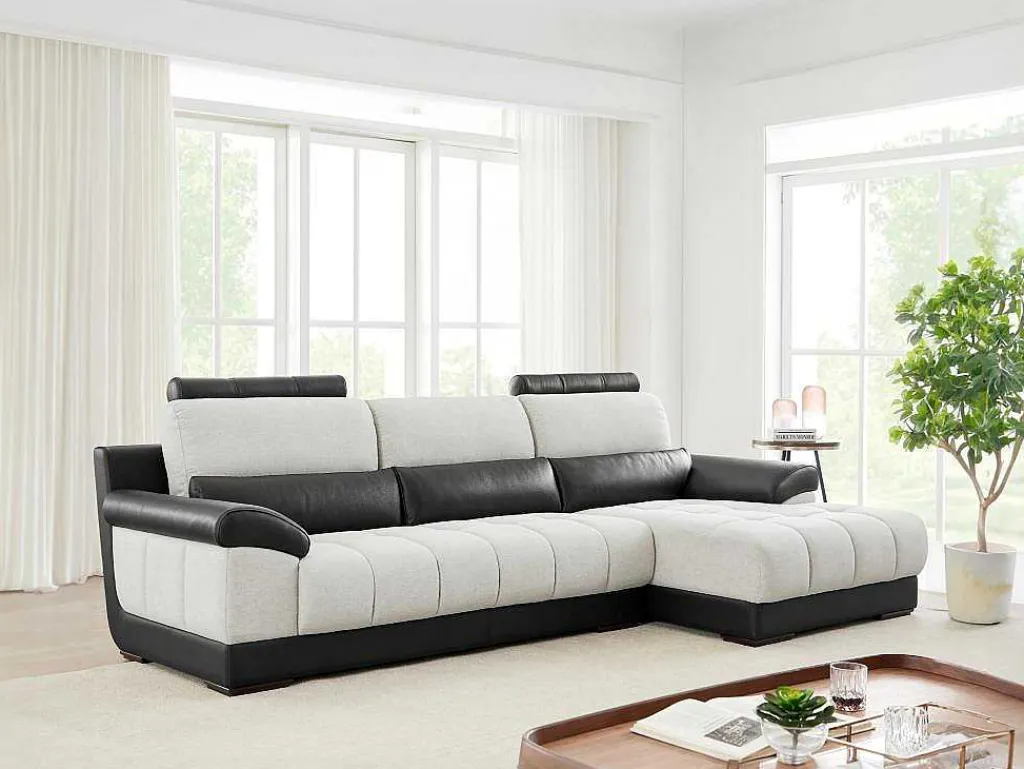 Hoekbank In Zwart En Creme Stof En Leer - Hoek Rechts - Aragon-LINEA SOFA Clearance