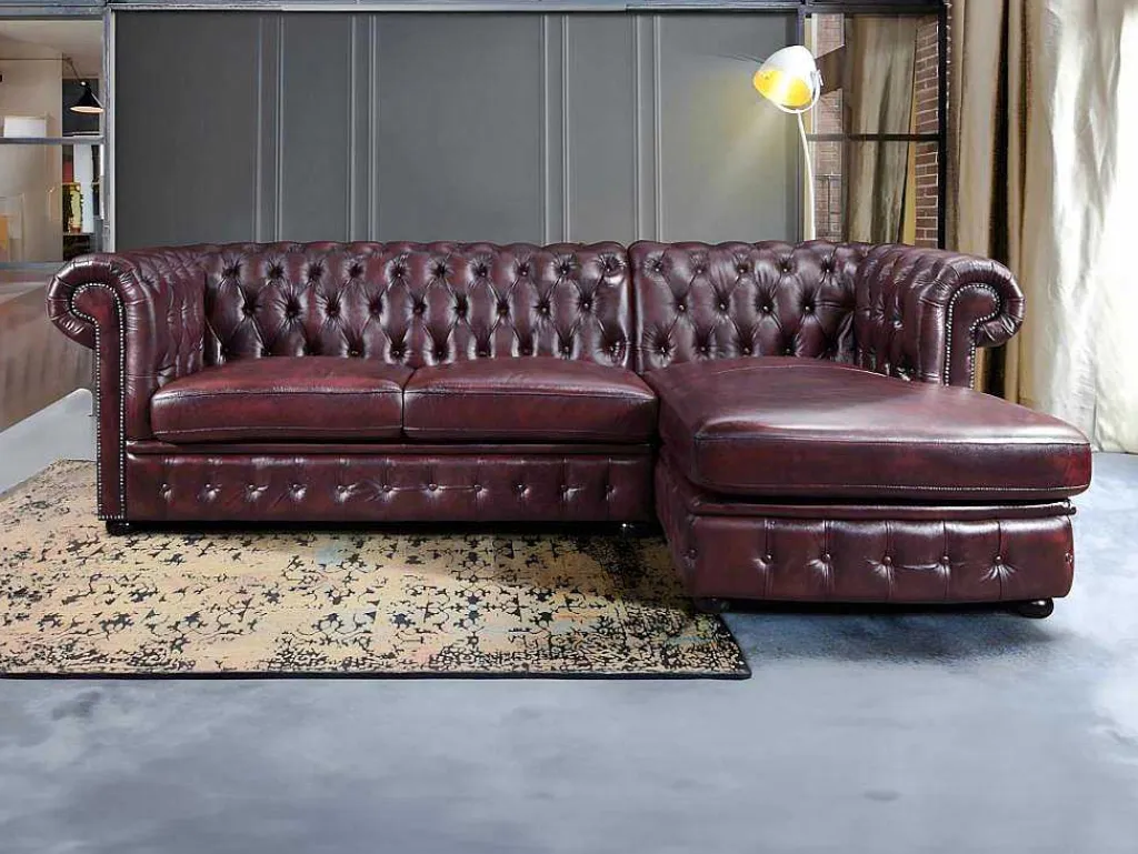 Hoekbank Van 100% Buffelleer Chesterfield Brenton - Kersenrood - Hoek Rechts-LINEA SOFA Sale