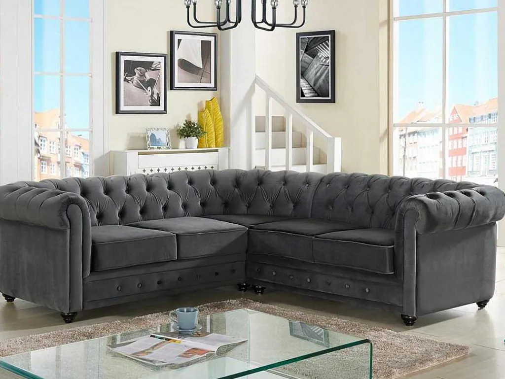 Hoekbank Van Fluweel Chesterfield - Antraciet-Vente-unique Best