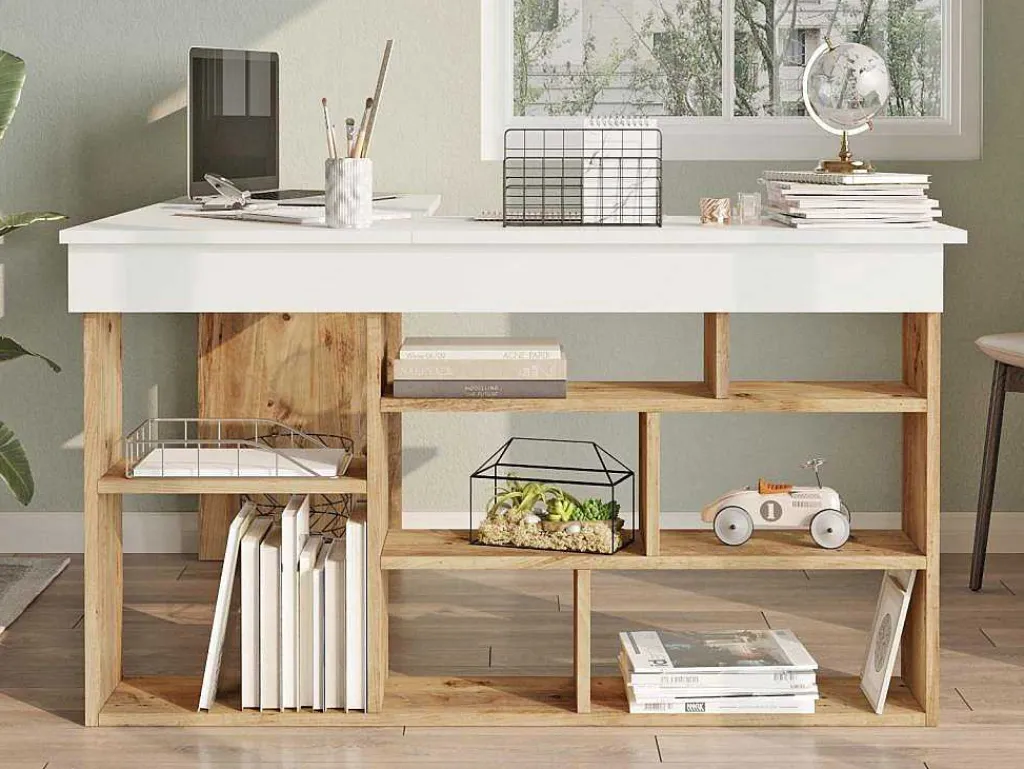 Hoekbureau Met Opbergruimte - Wit En Naturel - Lileul-Vente-unique Sale