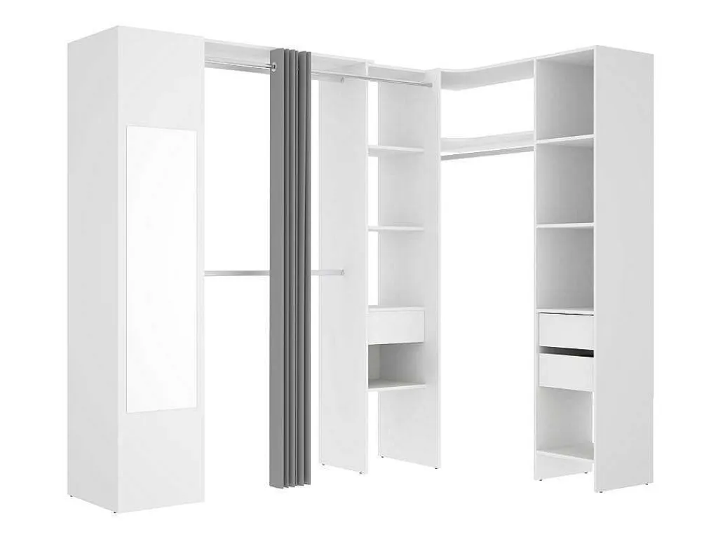 Hoekkledingkast Met Gordijn En 1 Deur - Met Spiegel - L231 Cm - Wit En Grijs - Bertrand-Vente-unique Clearance
