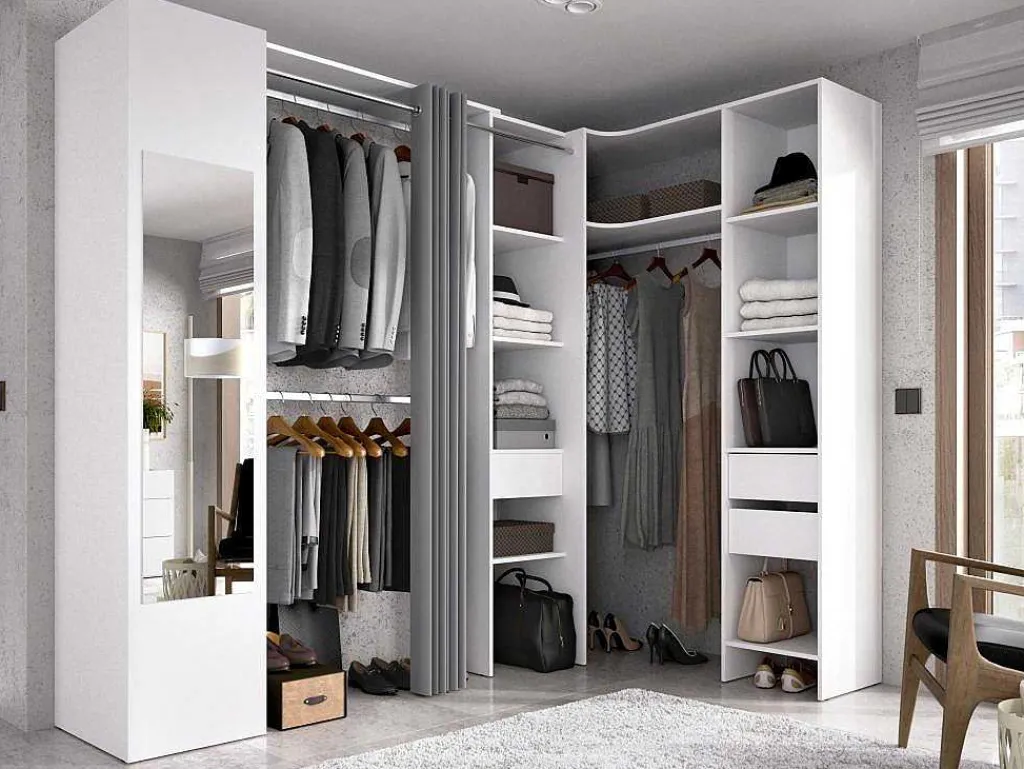 Hoekkledingkast Met Gordijn En 1 Deur - Met Spiegel - L231 Cm - Wit En Grijs - Bertrand-Vente-unique Clearance