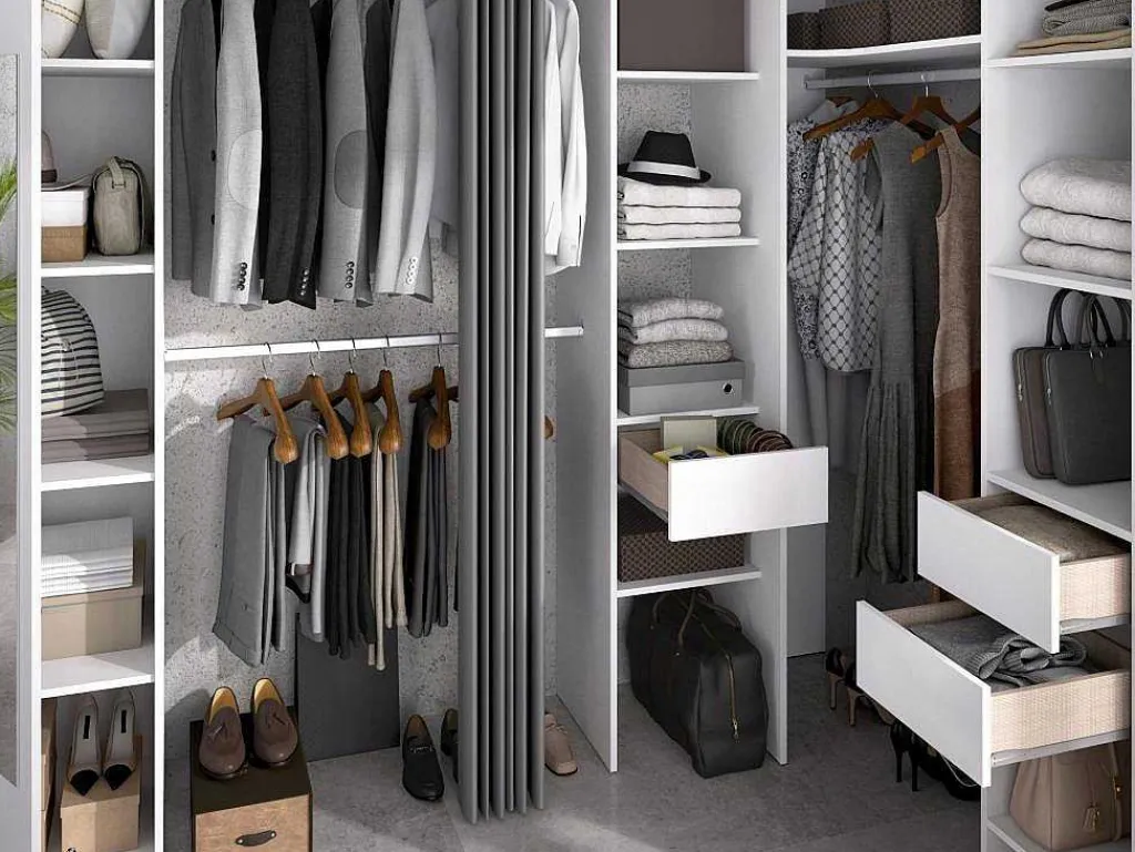 Hoekkledingkast Met Gordijn En 1 Deur - Met Spiegel - L231 Cm - Wit En Grijs - Bertrand-Vente-unique Clearance