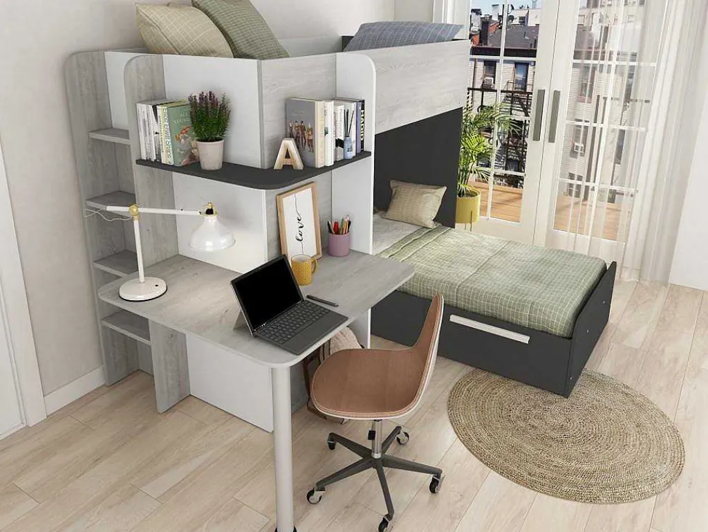 Hoekstapelbed 2 X 90 X 190 Cm - Met Bureau - Grijs, Wit En Zwart - Samuel-Vente-unique Best