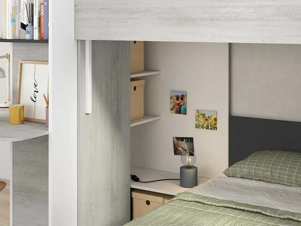 Hoekstapelbed 2 X 90 X 190 Cm - Met Bureau - Grijs, Wit En Zwart - Samuel-Vente-unique Best