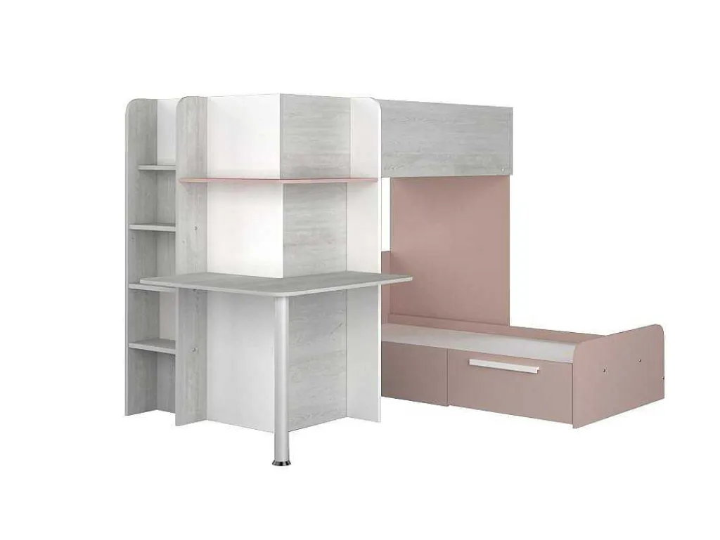 Hoekstapelbed 2 X 90 X 190 Cm - Met Bureau - Grijs, Wit En Roze + Matras - Samuel-Vente-unique Online
