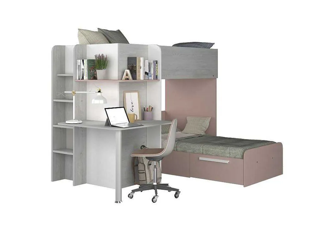 Hoekstapelbed 2 X 90 X 190 Cm - Met Bureau - Grijs, Wit En Roze + Matras - Samuel-Vente-unique Online
