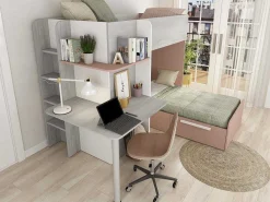 Hoekstapelbed 2 X 90 X 190 Cm - Met Bureau - Grijs, Wit En Roze + Matras - Samuel-Vente-unique Online
