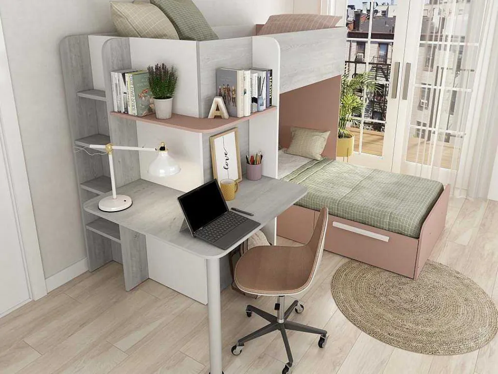 Hoekstapelbed 2 X 90 X 190 Cm - Met Bureau - Grijs, Wit En Roze + Matras - Samuel-Vente-unique Online
