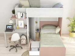 Hoekstapelbed 2 X 90 X 190 Cm - Met Bureau - Grijs, Wit En Roze + Matras - Samuel-Vente-unique Online