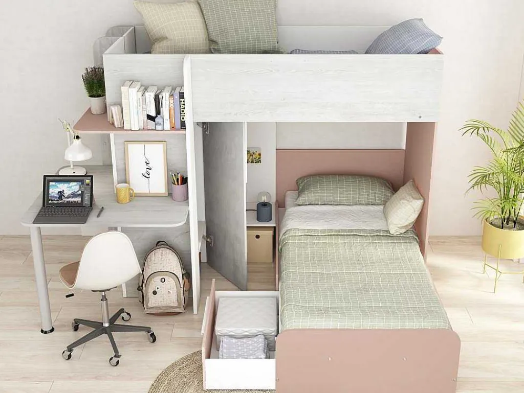 Hoekstapelbed 2 X 90 X 190 Cm - Met Bureau - Grijs, Wit En Roze + Matras - Samuel-Vente-unique Online
