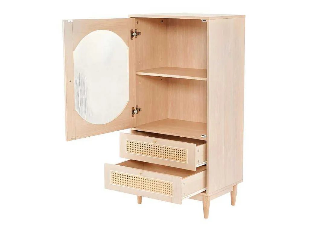Hoog Dressoir Met 1 Transparante Acryldeur En 2 Rotan Lades - Landelijke Stijl - Naturel-ModernLuxe Outlet