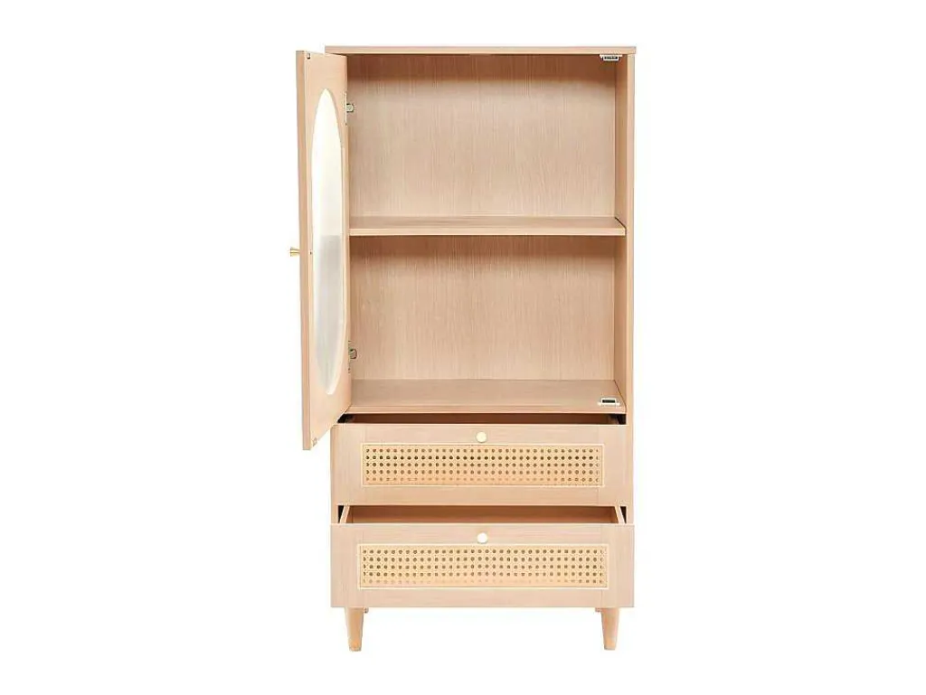 Hoog Dressoir Met 1 Transparante Acryldeur En 2 Rotan Lades - Landelijke Stijl - Naturel-ModernLuxe Outlet