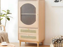 Hoog Dressoir Met 1 Transparante Acryldeur En 2 Rotan Lades - Landelijke Stijl - Naturel-ModernLuxe Outlet