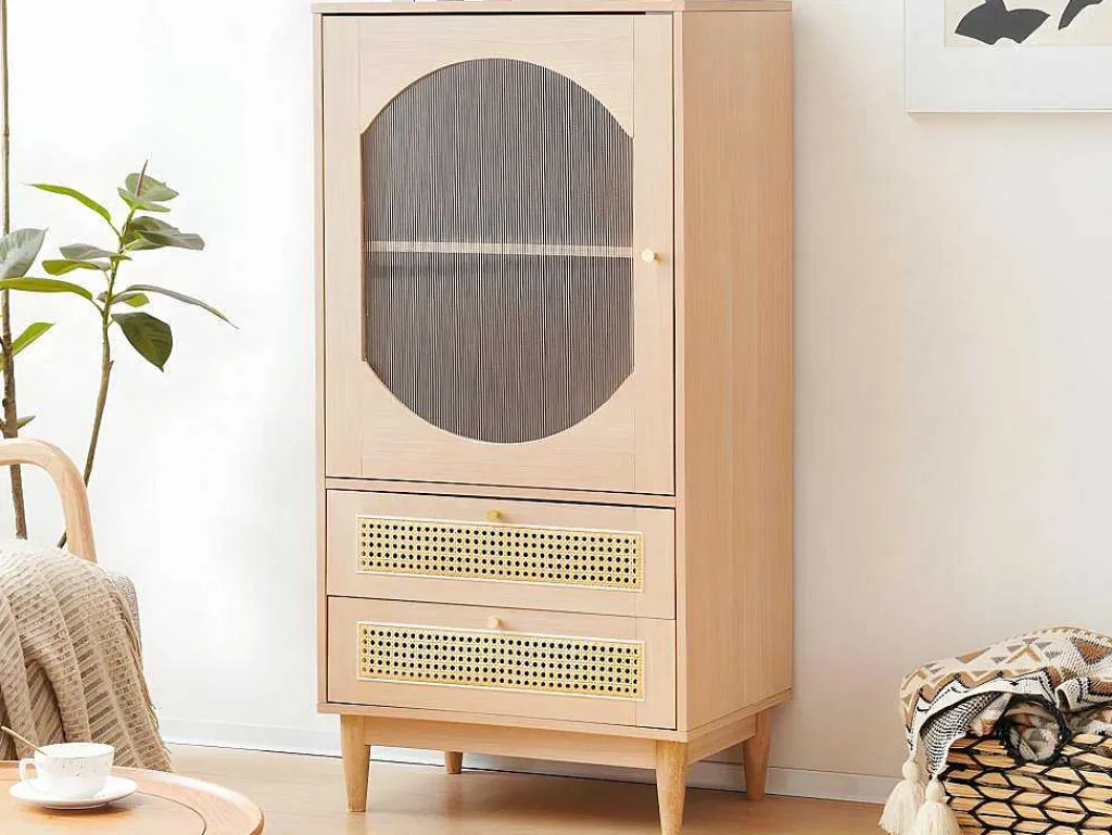 Hoog Dressoir Met 1 Transparante Acryldeur En 2 Rotan Lades - Landelijke Stijl - Naturel-ModernLuxe Outlet