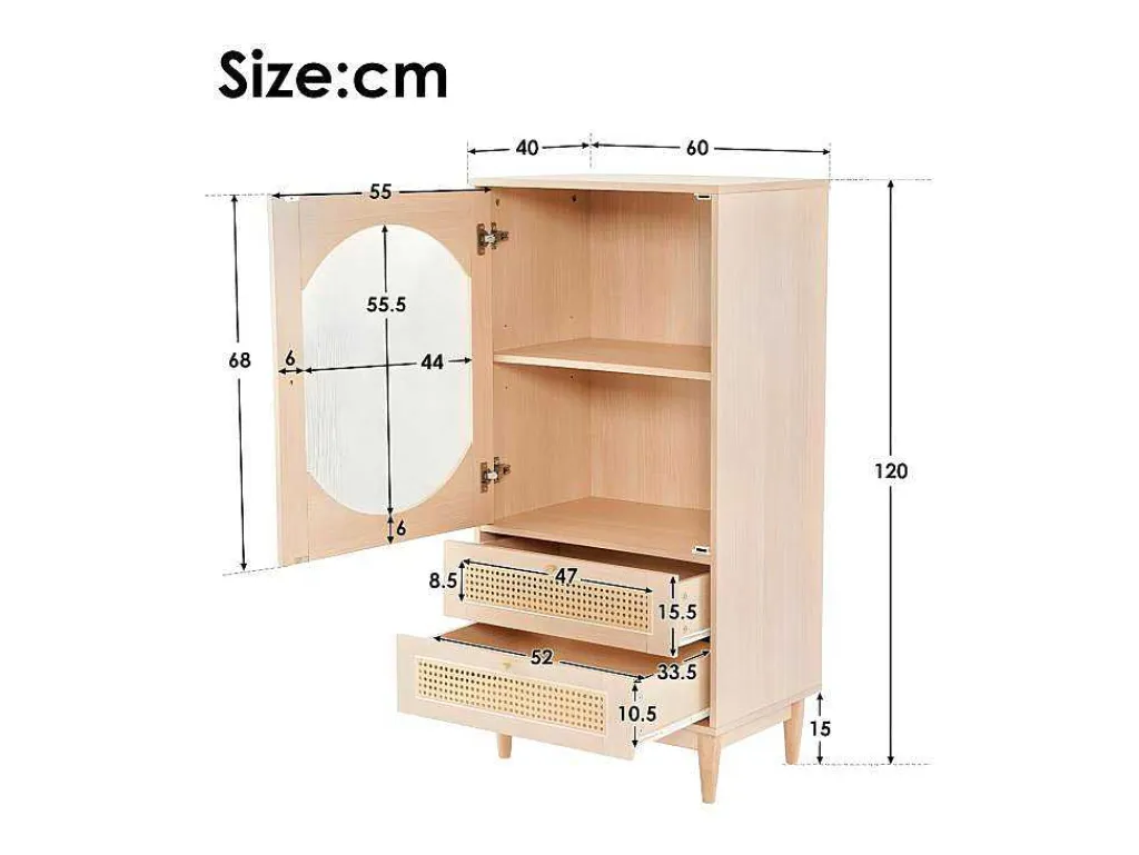 Hoog Dressoir Met 1 Transparante Acryldeur En 2 Rotan Lades - Landelijke Stijl - Naturel-ModernLuxe Outlet