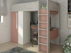 Hoogslaper - 90 X 200 Cm - Met Kast En Bureau - Roze En Wit + Matras -Nicolas-Vente-unique New