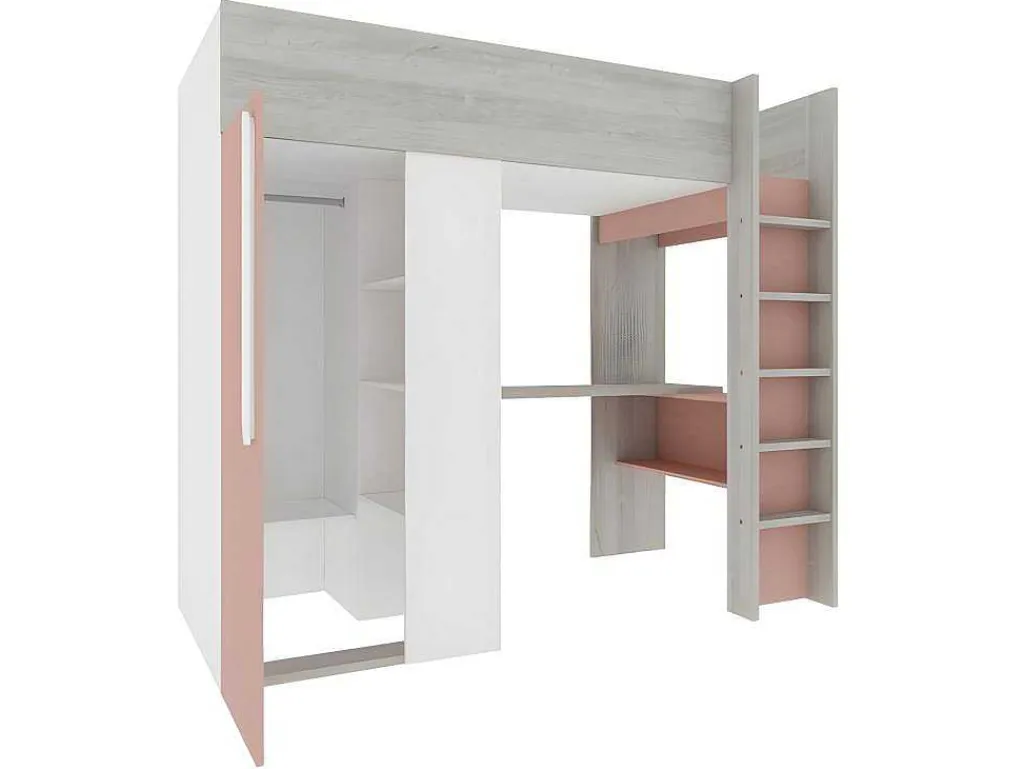 Hoogslaper - 90 X 200 Cm - Met Kast En Bureau - Roze En Wit + Matras -Nicolas-Vente-unique New