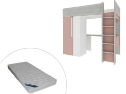 Hoogslaper - 90 X 200 Cm - Met Kast En Bureau - Roze En Wit + Matras -Nicolas-Vente-unique New