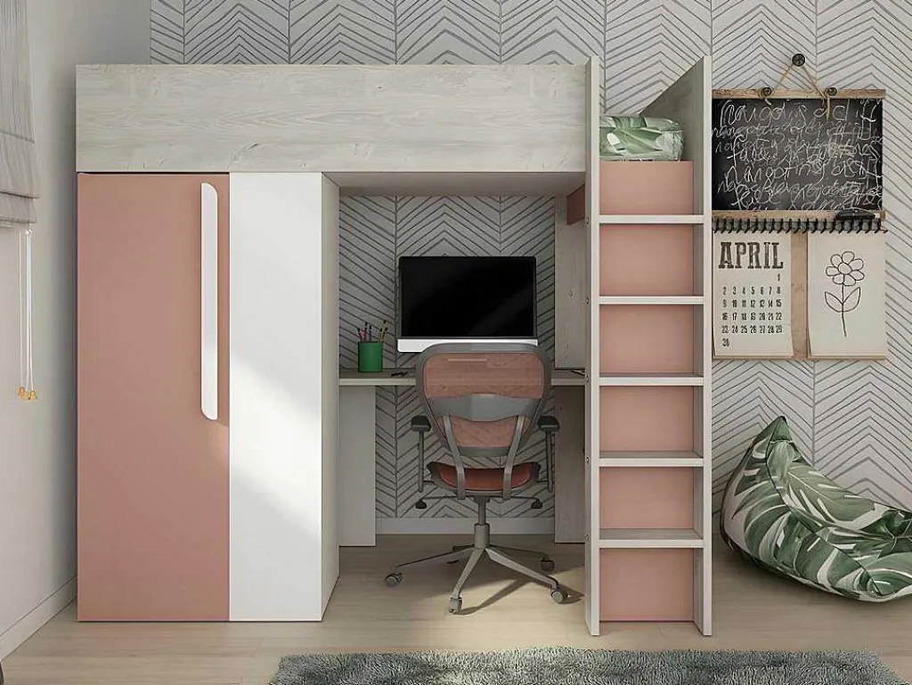 Hoogslaper - 90 X 200 Cm - Met Kast En Bureau - Roze En Wit + Matras -Nicolas-Vente-unique New