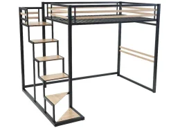 Hoogslaper 140 X 200 Cm - Metaal En Mdf - Zwart En Naturel + Matras - Jogui-Vente-unique Best