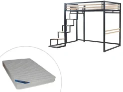 Hoogslaper 140 X 200 Cm - Metaal En Mdf - Zwart En Naturel + Matras - Jogui-Vente-unique Best