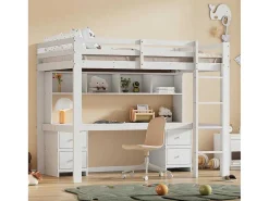 Hoogslaper 90 X 200 Cm Met Bureau, Boekenkast, Lades En Ladder, Mdf Hout, Wit-Vente-unique