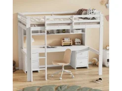 Hoogslaper 90 X 200 Cm Met Bureau, Boekenkast, Lades En Ladder, Mdf Hout, Wit-Vente-unique