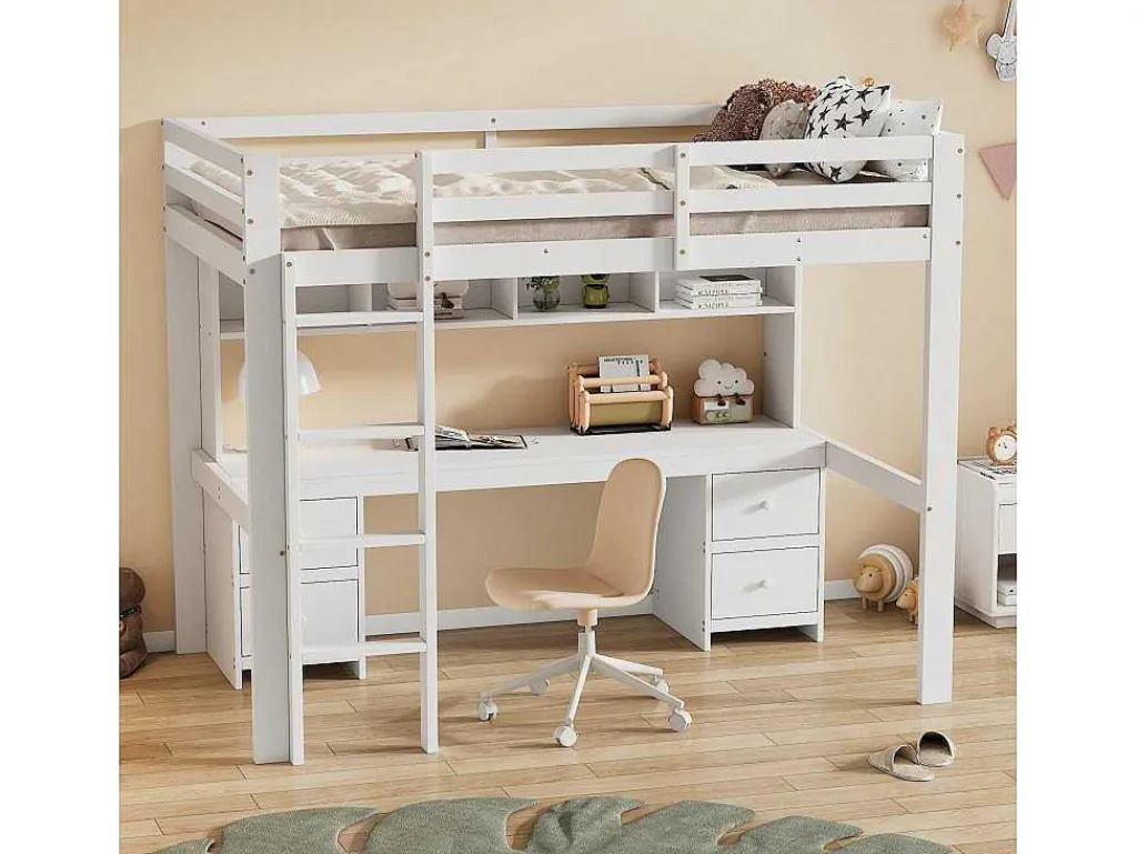 Hoogslaper 90 X 200 Cm Met Bureau, Boekenkast, Lades En Ladder, Mdf Hout, Wit-Vente-unique