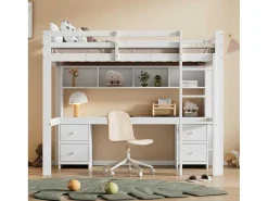 Hoogslaper 90 X 200 Cm Met Bureau, Boekenkast, Lades En Ladder, Mdf Hout, Wit-Vente-unique