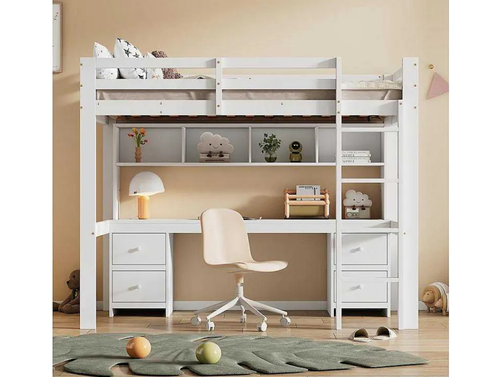 Hoogslaper 90 X 200 Cm Met Bureau, Boekenkast, Lades En Ladder, Mdf Hout, Wit-Vente-unique