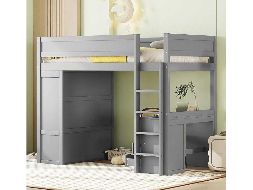Hoogslaper 90 X 200 Cm Met Bureau + 2 Laden - Kledingkast Met Schuifdeur - Mdf Hout - Grijs-Vente-unique