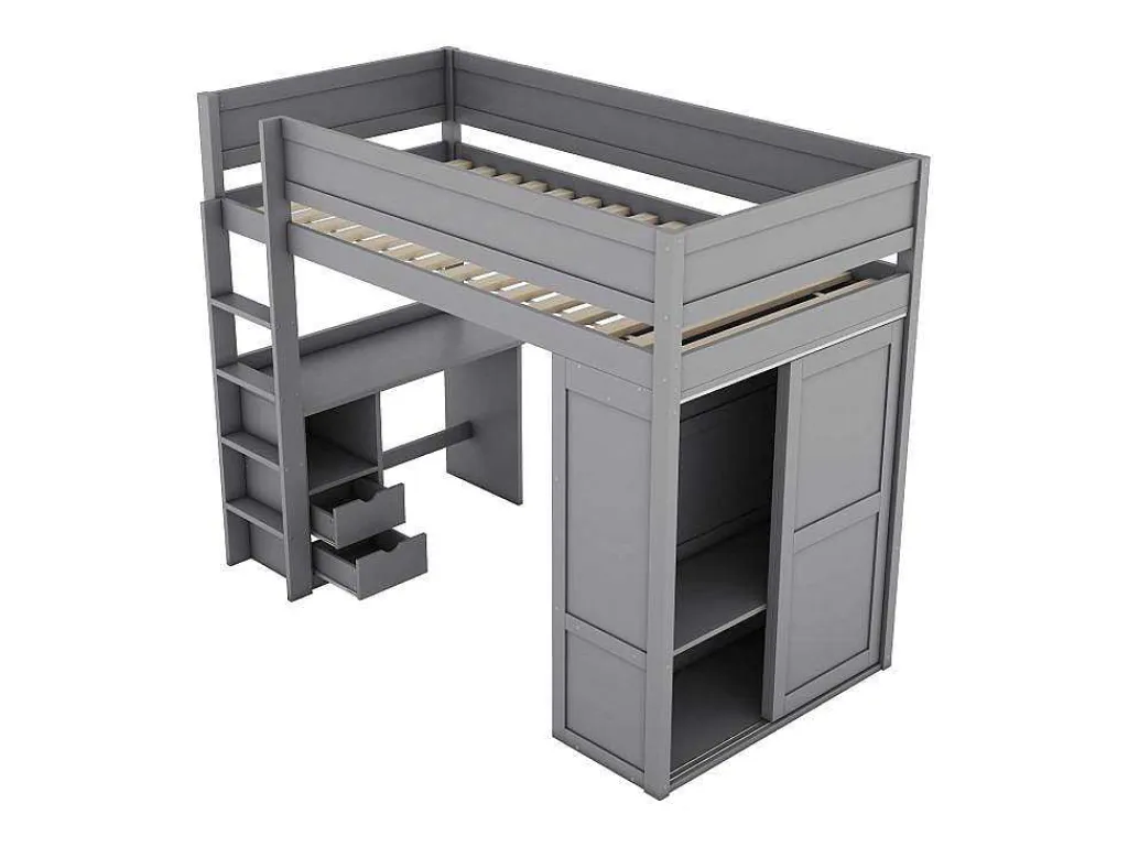 Hoogslaper 90 X 200 Cm Met Bureau + 2 Laden - Kledingkast Met Schuifdeur - Mdf Hout - Grijs-Vente-unique