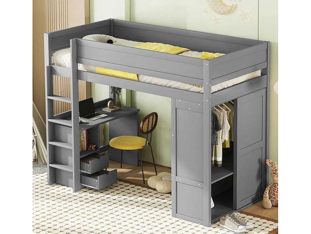 Hoogslaper 90 X 200 Cm Met Bureau + 2 Laden - Kledingkast Met Schuifdeur - Mdf Hout - Grijs-Vente-unique