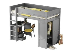 Hoogslaper 90 X 200 Cm Met Bureau + 2 Laden - Kledingkast Met Schuifdeur - Mdf Hout - Grijs-Vente-unique