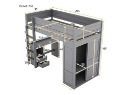 Hoogslaper 90 X 200 Cm Met Bureau + 2 Laden - Kledingkast Met Schuifdeur - Mdf Hout - Grijs-Vente-unique