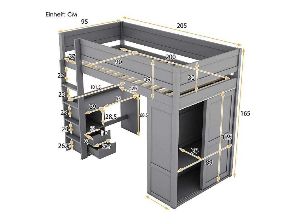 Hoogslaper 90 X 200 Cm Met Bureau + 2 Laden - Kledingkast Met Schuifdeur - Mdf Hout - Grijs-Vente-unique