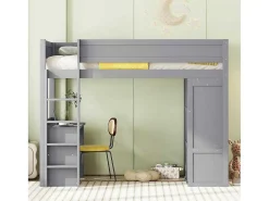 Hoogslaper 90 X 200 Cm Met Bureau + 2 Laden - Kledingkast Met Schuifdeur - Mdf Hout - Grijs-Vente-unique