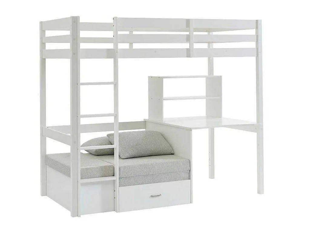 Hoogslaper 90 X 200 Cm Met Bureau, Slaapbank En Opbergruimte - Massief Grenen - Gebleekt + Matras - Goliath Iii-Vente-unique Outlet