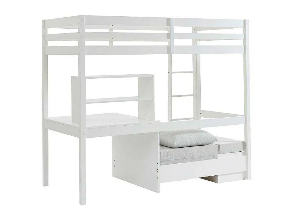 Hoogslaper 90 X 200 Cm Met Bureau, Slaapbank En Opbergruimte - Massief Grenen - Gebleekt + Matras - Goliath Iii-Vente-unique Outlet