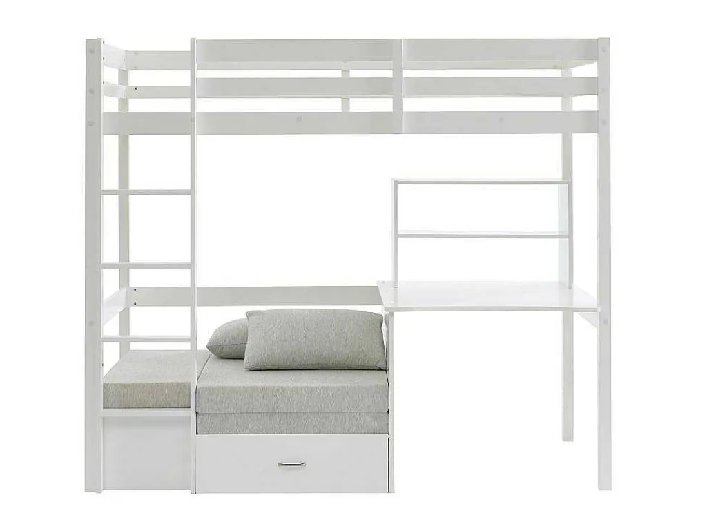 Hoogslaper 90 X 200 Cm Met Bureau, Slaapbank En Opbergruimte - Massief Grenen - Gebleekt + Matras - Goliath Iii-Vente-unique Outlet