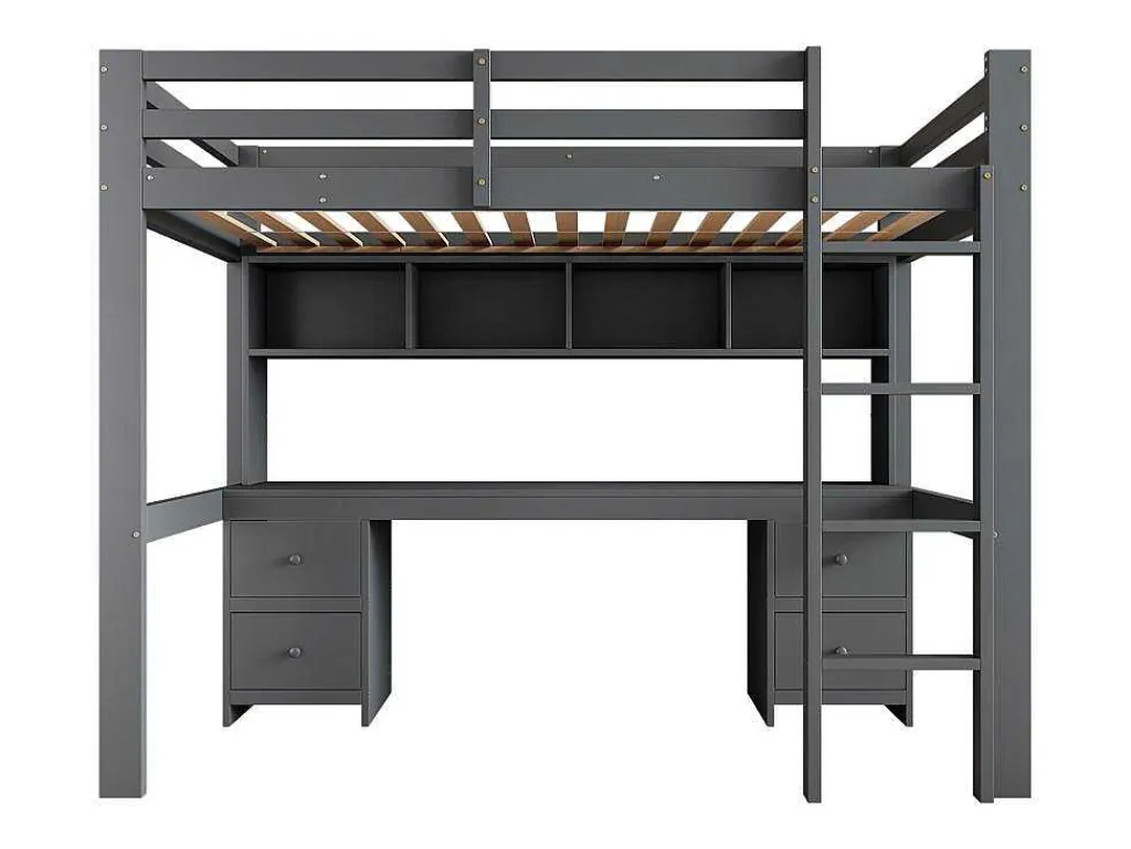 Hoogslaper 90 X 200 Cm Met Bureau, Boekenkast, Lades En Ladder, Mdf Hout, Grijs-Vente-unique Hot
