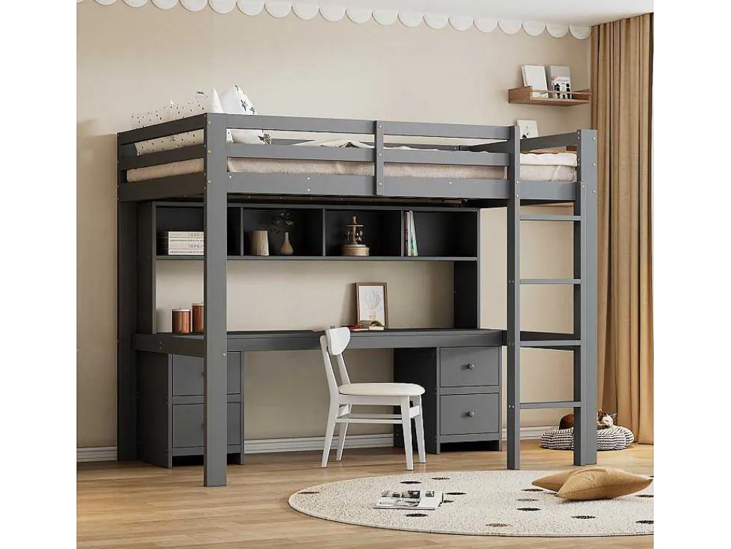Hoogslaper 90 X 200 Cm Met Bureau, Boekenkast, Lades En Ladder, Mdf Hout, Grijs-Vente-unique Hot